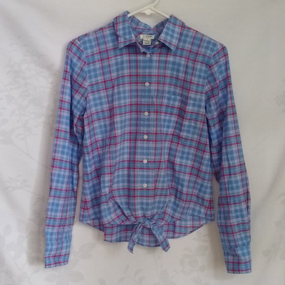 NWT J. Crew blue cotton plaid tie front button up shirt XS - Picture 2 of 11